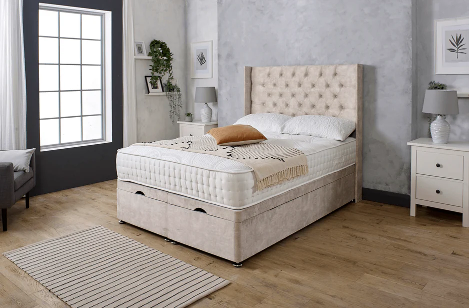 CHARLIE CHESTERFIELD WINGBACK OTTOMAN DIVAN BED WITH FLOOR STANDING HEADBOARD & MATTRESS OPTIONS